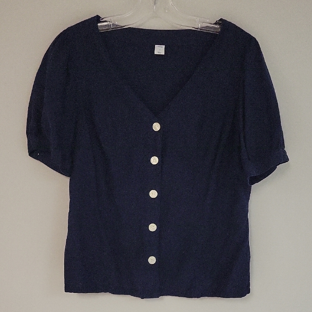 Old Navy Blue and White Puff Sleeve Button Down